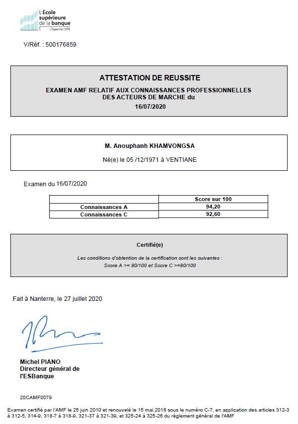 attestation amf